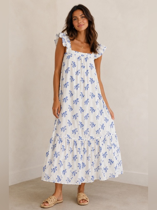 H&M Dresses & Skirts - H&M Linen Blend Floral Maxi Dress – White/Blue – Size Medium